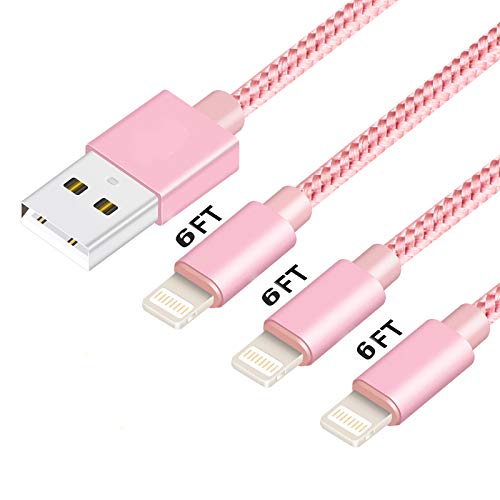 Manyi Phone Charger Cable, 3Pack 6FT Nylon Braided Syncing and Charging Cord Compatible with Phone Xs Max/XR/XS/X/8/7/Plus/6s/6/5 - Pink