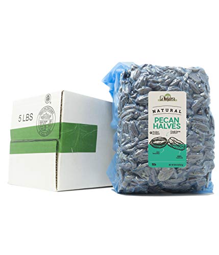 La Nogalera Pecans - Fresh Crop of natural halves in 5 lbs vacuum sealed bag. Raw pecan nuts that compare to organic, NO SHELL, Non-GMO, No Preservatives, Unpasteurized, Kosher and Halal Certified and Ketogenic friendly