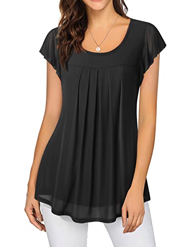 Furnex Women's Short Sleeve Tunic Shirt Pleated Mesh Blouses Summer Floral Tops