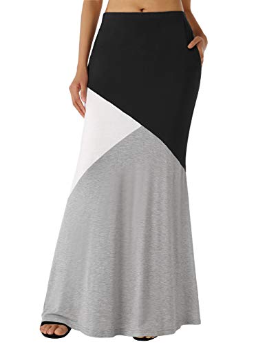 DJT Women's Color Block High Waist Comfy Long Maxi Skirt with Pockets