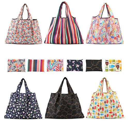 Tebery 6 Pack Reusable Grocery Bags Large Foldable Shopping Tote Bag Washable Heavy Duty Purse Shopping Bags