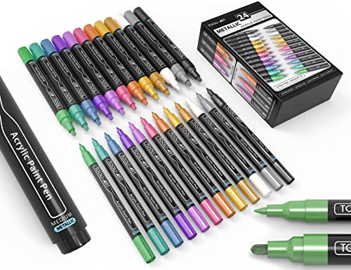 Acrylic Paint Markers Paint Pens Special Colors Set Extra Fine And Medium Tip Combo For Rock Painting, Canvas, Fabric, Glass, Mugs, Wood, Ceramics, Plastic, Multi-Surface. Non Toxic, (METALLIC)