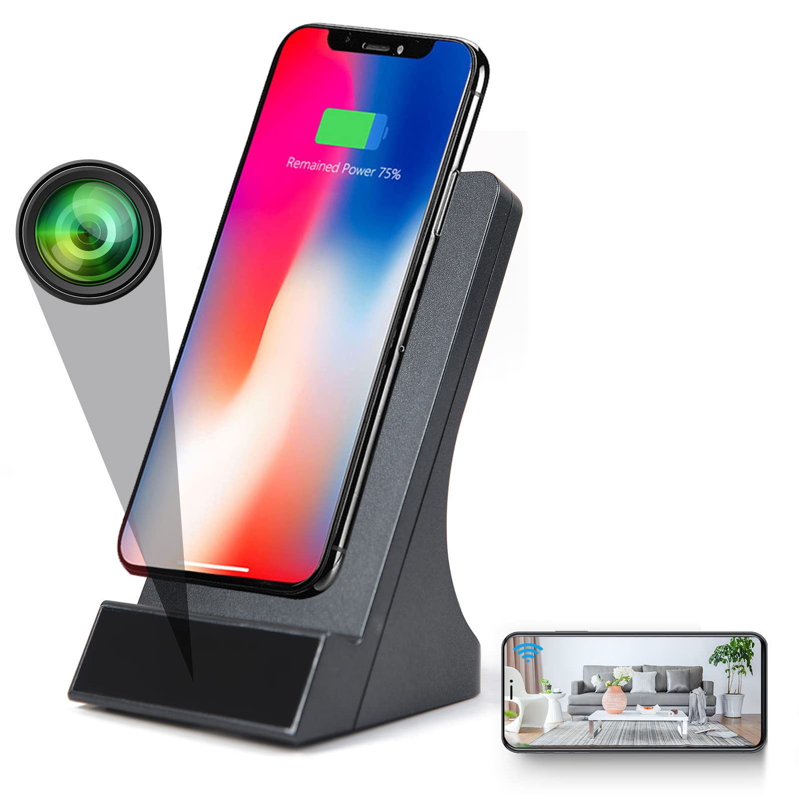 LIZVIE Wireless Charger with Hidden Camera, 1080P WiFi Mini Spy Nanny Camera with Night Vision Motion Detection for Home Office