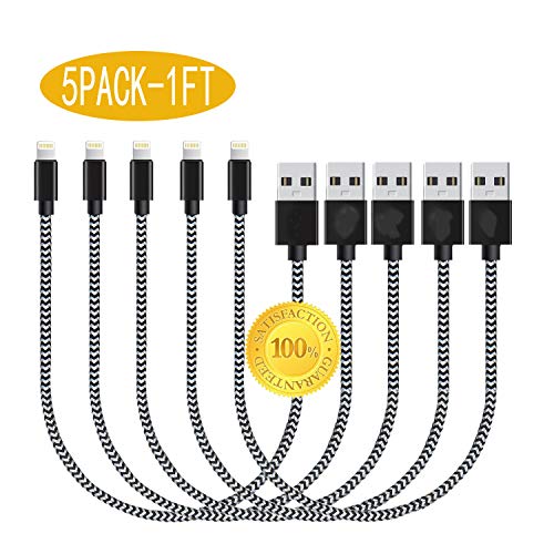 Ansuda Short Charger Cable, 5 Pack 1FT Charging Cable, USB Nylon Braided Cord Compatible with Phone Xs Max/XR/XS/X/8/7/Plus/6s/6/5 Plus/5/5S/SE, Black