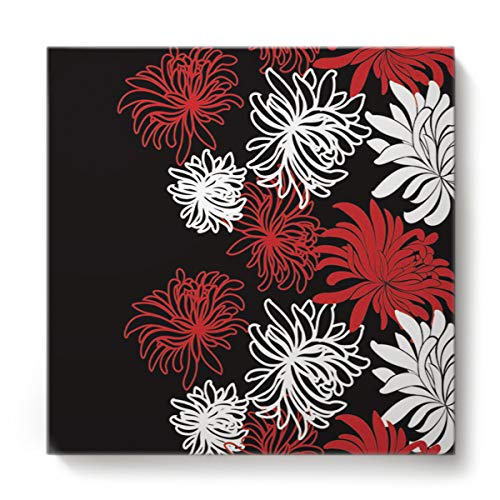 Book Cover Square Canvas Wall Art Oil Painting for Bedroom Living Room Home Decor,Chrysanthemum Flower Painting Black White Red Office Artworks,Stretched by Wooden Frame,Ready to Hang,12 x 12 Inch
