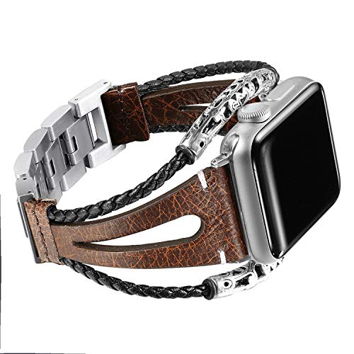 Secbolt Leather Bands Compatible Apple Watch Band Series 4/5/6 40mm, Series 3/2/1 38mm, Double Twist Handmade Vintage Natural Leather Replacement Bracelet Straps Women Brown Grey