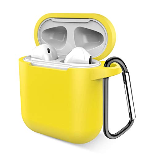 Airpods Case, Music tracker Protective Thicken Airpods Cover Soft Silicone Chargeable Headphone Case with Anti-Lost Carabiner for Apple Airpods 1&2 Charging Case (Airpods 1, Yellow)