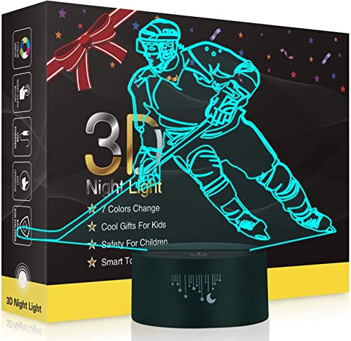 Rquite Hockey Night Light, Hockey Gifts for Boys, 3D Lamp with Smart Touch Control 7 Colors Changing, Optical Illusion Visual Led Ice Hockey Stick Light for Baby Living Bedroom & Home Decor