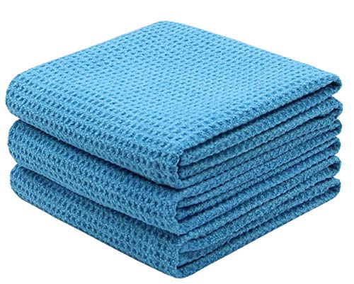 Mia'sDream Microfiber Waffle Weave Kitchen Towel Set Thick Washcloth Dish Cloth Kitchen Cleaning Tea Towel, 3 Pack, 16inch X 24inch, Blue
