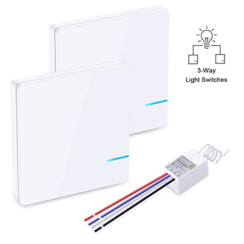Wsdcam 3 Way Light Switch On Off Wireless Light Switch Kit - No Wires No Tearing Walls, Remote Control Light Switch for Ceiling Fan Lamp Light, Wall Switch and Receiver (2 Switch Buttons & 1 Receiver)