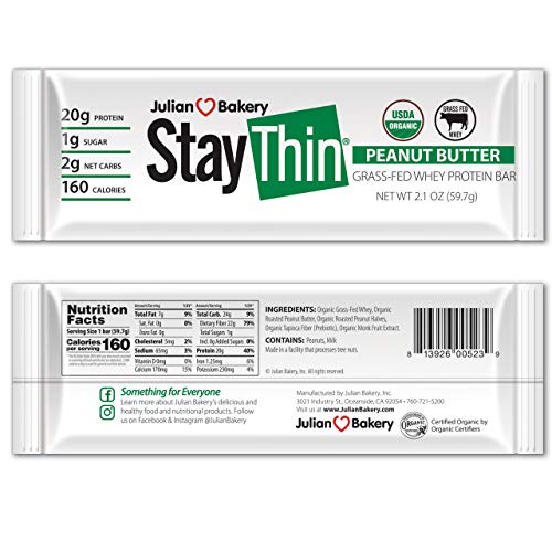 Julian BakeryÂ® Stay ThinÂ® Protein Bar (Certified Organic) 12 Gluten-Free Bars) (20g Grass-Fed Whey Protein) (2 Net Carbs)(4 Ingredients)(1g Sugar)