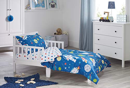 Book Cover Bloomsbury Mill - 4 Piece Toddler Comforter Set - Outer Space, Rocket & Planet - Blue - Kids Bedding Set
