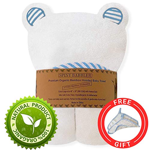 Premium 100% Organic Bamboo Hooded Baby Towel Large (40” x 28”) with 2 Bonus Washcloths for Newborn, Infant, Toddlers (Boys & Girls), Ultra Soft, Extra Thick, Perfect Baby Shower Gift (Blue)