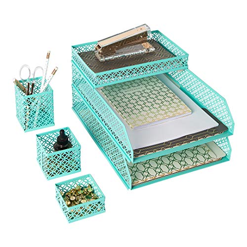 Blu Monaco Office Desk Organizers and Accessories 6 Piece Interlocking Aqua Desk Organizer Set - Office Organizer