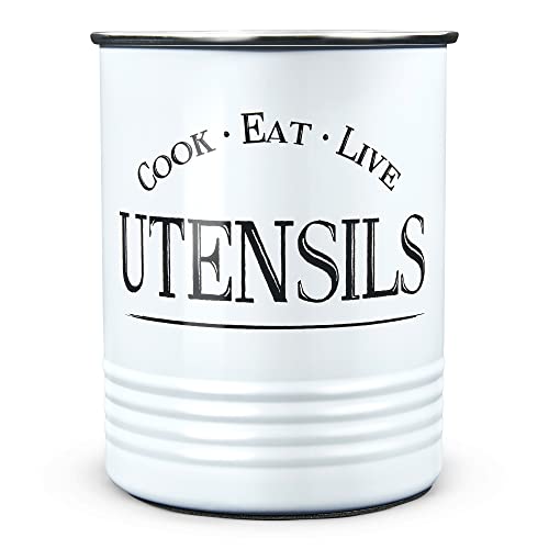 Kitchen Utensil Holder Farmhouse Decor for the Home - Premium Padded Base - White Utensil Caddy by Walford Home - Large Kitchen Utensil Organizer - Farmhouse Decor Utensils Holder Crock