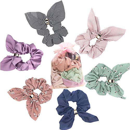 6 Pcs Hair Scrunchies Rabbit Bunny Ear Bow Bowknot Women's Hair Scrunchie Chiffon Flower Scrunchy Bobbles Elastic Hair Ties Bands Ponytail Holder for Women Girls and Laides, 6 Colors