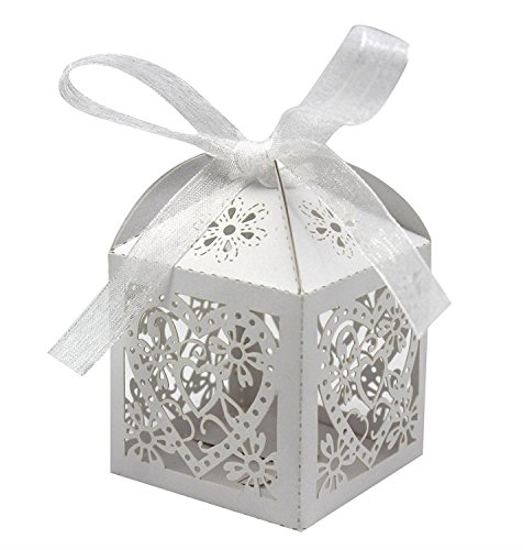 KPOSIYA 100 Pack Love Heart Laser Cut Wedding Party Favor Box Candy Bag Chocolate Gift Boxes Bridal Birthday Shower Bomboniere with Ribbons (White, 100)