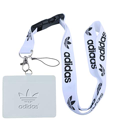 Adidas White Faux Leather Business ID Badge Card Holder with Keychain Lanyard