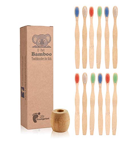 Kids & Baby Toothbrush | 12 Bamboo Toothbrushes + Wood Holder | Wooden Biodegradable, BPA Free, Soft Bristles, Compostable, Eco Friendly
