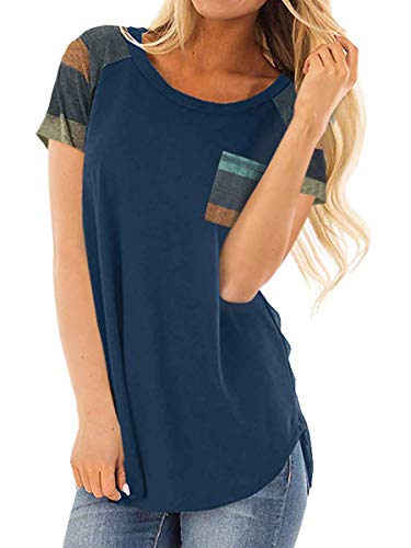 Book Cover MOPOOGOSS Women's Round Neck Color Block Striped Short Sleeve Loose Fit T-Shirt Tops with Pocket