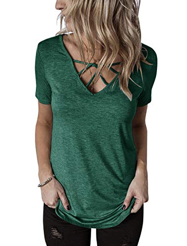 Topstype Womens Summer Short Sleeve T Shirts V Neck Tunic Criss Cross Tops Cute Tees Loose Fitted Henley Workout Shirts