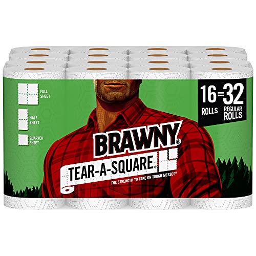 Book Cover Brawny Tear-A-Square Paper Towels, 16 Double Rolls = 32 Regular Rolls, 3 Sheet Size Options, Quarter Size Sheets