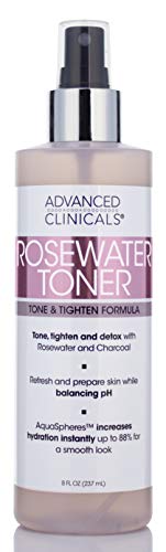 8oz Advanced Clinicals Rosewater Toner with Charcoal and Aloe Vera. Balancing PH formula detoxifies and hydrates skin and improves overall skin tone. Alcohol-free. (8oz)