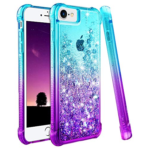 Ruky iPhone 6 6S 7 8 Case, iPhone SE 2020 Case, Gradient Quicksand Series Glitter Bling Flowing Liquid Floating TPU Bumper Cushion Protective Case for iPhone 6/6s/7/8/SE 2020 4.7 inches (Teal Purple)