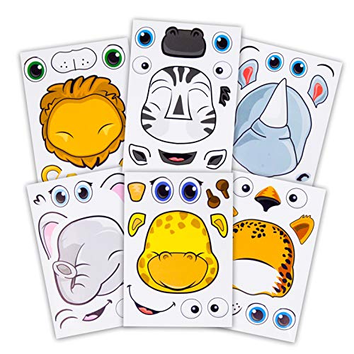 24 Make A Safari Animal Sticker Sheets - Includes Lion, Cheetah, Elephant, Rhinoceros, Zebra, & Giraffe Stickers - Great for Zoo & Safari Themed Birthday Party Favors -Fun Activity That Encourages Creativity