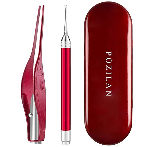 2 Pcs Ear Wax Removal Tool with Light - Ear Pick Cleaner Kit for Kids and Adults, Earwax Spoon Digger & Tweezers for Ear Health Care Gift Set with Case (Red)