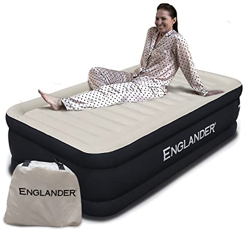 Book Cover Englander Twin Size Air Mattress w/ Built in Pump - Luxury Double High Inflatable Bed for Home, Travel & Camping - Premium Blow Up Bed for Kids and Adults - Black