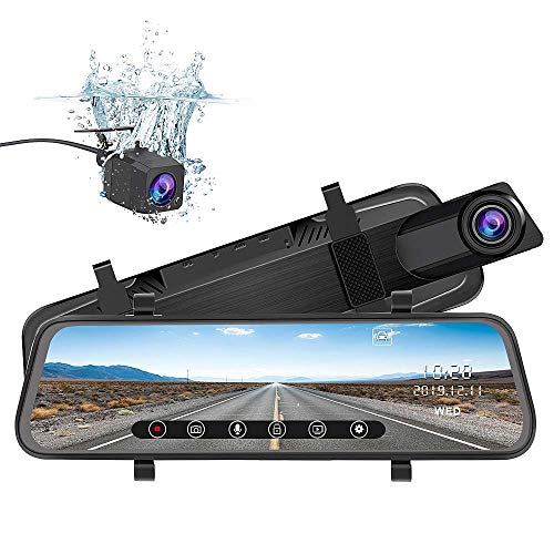 j Junsun Mirror Dash Cam Backup Camera 10 Inch Touch Screen 1080P Stream Media Dual Lens Full HD Reverse Camera 170 Degrees Wide Angle with Backup Camera G-Sensor Parking Monitor