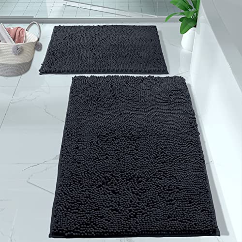 LuxUrux 2 Piece Bathroom Rug Set - Premium Plush Bath Mat Shower Rugs, 1" Chenille Microfiber, Non-Slip & Absorbent, Soft & Cozy, Durable Stylish (20x30 & 16x24 inches, Charcoal)
