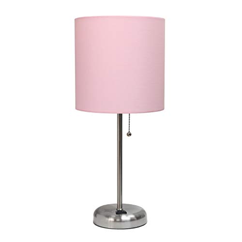 Book Cover Limelights LT2024-LPK Stick Charging Outlet Table Lamp, Brushed Steel Base/Light Pink Shade