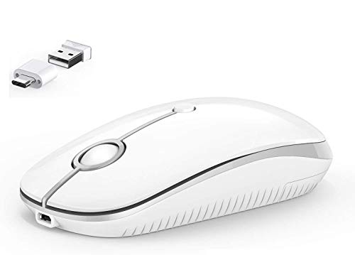 Book Cover Type C Wireless Mouse, Jelly Comb Dual Mode 2.4Ghz Rechargeable Slim Wireless Mouse with Nano USB and Type C Receiver for PC Laptop, MacBook pro, MacBook air, iMac-MS05 (White and Silver)