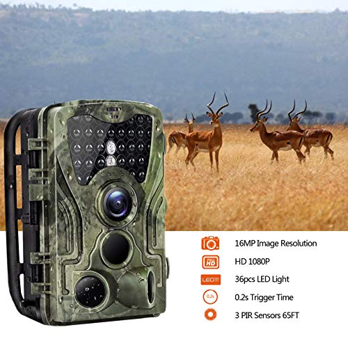 Trail Camera 16MP 1080P Full HD Hunting Camera 0.3S Trigger Time with Infrared Night Vision up to 85ft/25m IP65 Waterproof for Wildlife Animal Monitoring Home Security
