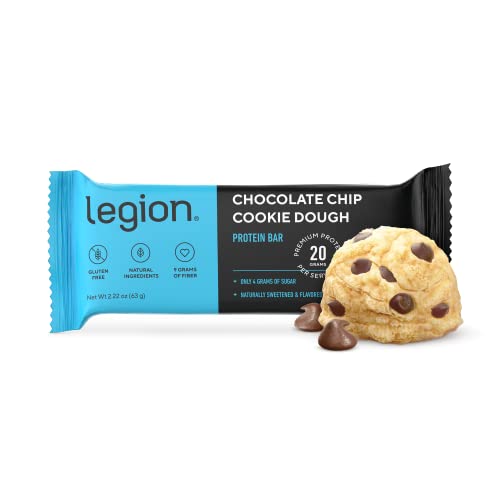 Legion Protein Bar Chocolate Chip Cookie Dough -100% Whey Protein, Baked Bars with Prebiotic Fiber - High Protein (20g) Low Fat (12g) Low Sugar (4g), No Soy, Gluten - Natural Flavors (12 Count)
