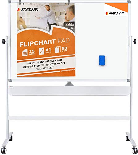 Mobile Whiteboard - Large 360° Reversible Double Sided Dry Erase Board - Magnetic Big White Board on Wheels - Office Classroom Portable Rolling Easel with Stand, Flip Chart Holders, Paper Pad | 48x36