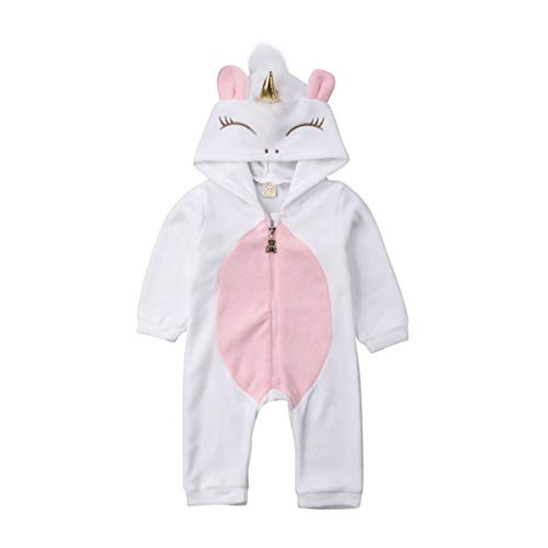 Book Cover Newborn Baby Girls 3D Unicorn Angel Wings Hooded Zipper Romper Jumpsuit Outfits Clothes Autumn Winter Clothing (White, 0-6M)