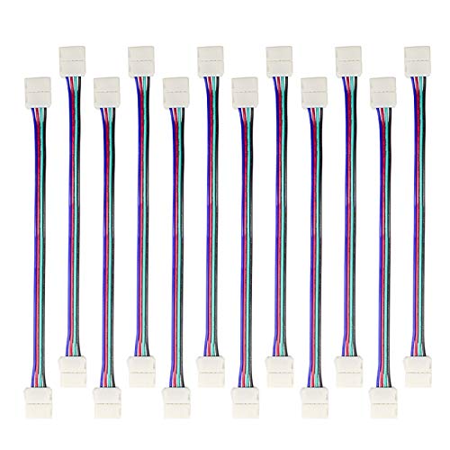 Hitlights LED Connector, 12Pack 10mm 4 Pin RGB LED Strip Connectors - 6Inch Solderless Connectors for 5050 LED Tape Light, Kitchens, Cabinets and More