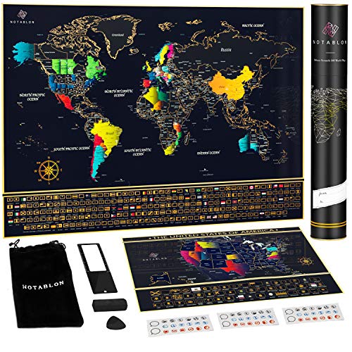 Book Cover Unique Scratch Off Map of The World - Large Deluxe Personalized Travel Map Poster with B0NUS Scratch Off USA Map â€“ Outlined US States, Landmarks, Roads, Rivers â€“ All Accessories Included â€“ Great GlFT