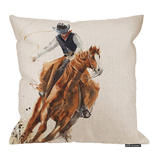 Book Cover HGOD DESIGNS Cowboy Pillow Cover,Watercolor Cowboy Riding A Horse Ride Calf Roping Painting Cotton Linen Cushion Covers Home Decorative Throw Pillowcases 18x18inch