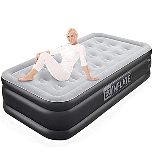 Book Cover EZ INFLATE Double High Luxury Twin Air Mattress with Built in Pump, Inflatable Mattress, Twin airbed with Flocked top, All Purpose Twin Blow up Bed, Home Camping Travel