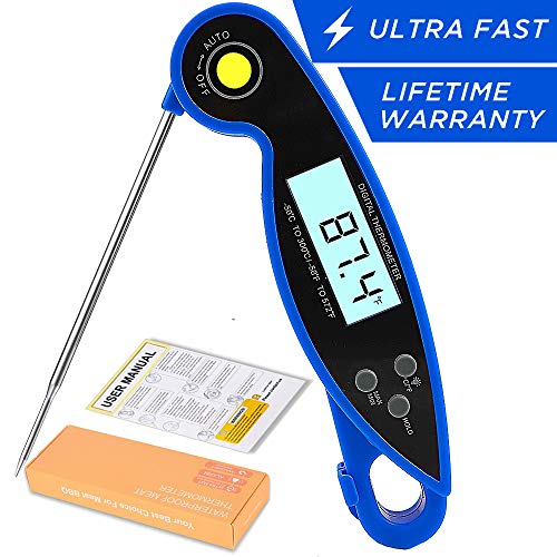 Digital Instant Read Cooking Meat Thermometer - Collapsible Pocket Thermometer with Magnetic Back, Long Probe Grilling Thermometer w/LCD Screen - for Food, Meat, Grill, BBQ, Milk and Bath Water