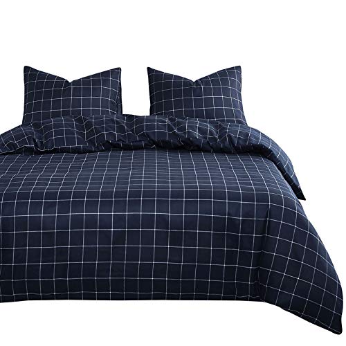 Wake In Cloud - Navy Grid Comforter Set, Navy Blue with White Grid Geometric Pattern Printed, Soft Microfiber Bedding (3pcs, California King Size)