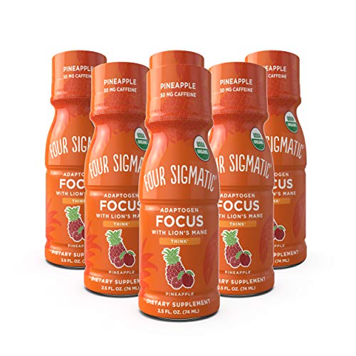 Four Sigmatic Adaptogen Focus Shot Lion’s Mane Mushroom Supplement | Concentration Support for Adults | 50mg Caffeine | Natural Pineapple Flavor with Vitamin C | Vegan, Gluten-Free | 6 Count