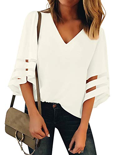 Book Cover Vetinee Women's 3/4 Bell Sleeve Shirt Mesh Panel Blouse V Neck Casual Loose Tops