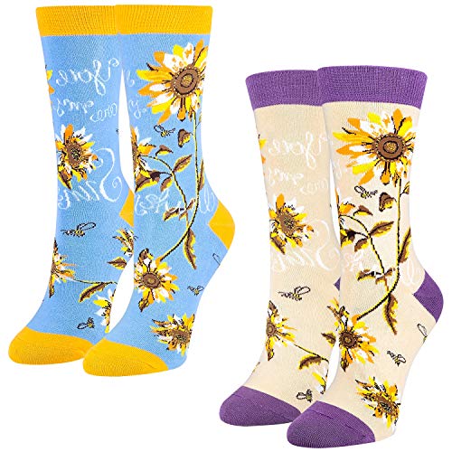 PanPacSight 2 Pack of Women Girls Novelty Funny Sunflower Crew Socks, Cute Funky Floral Christmas Wear, SIze 8-13