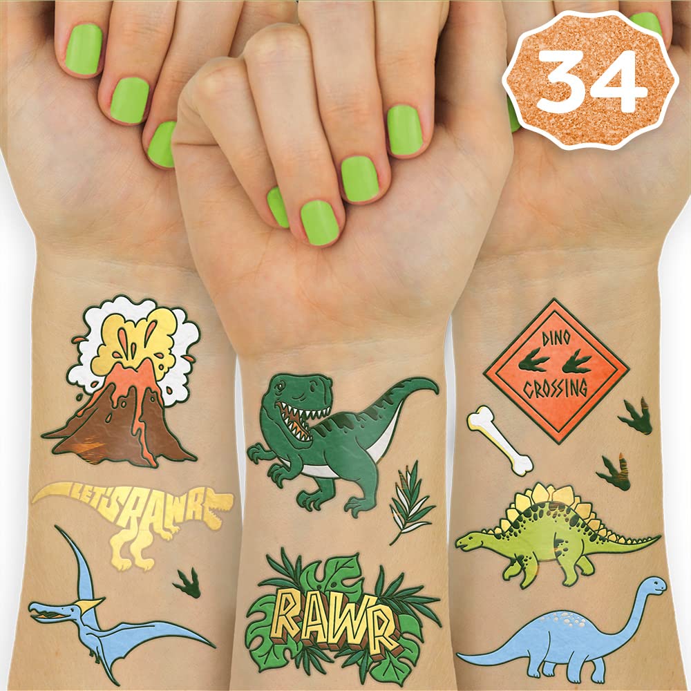 Book Cover xo, Fetti Dinosaur Temporary Tattoos for Kids - 40 styles | Birthday Party Supplies, Dinosaur Party Favors, T-rex Decorations blue, green, brown, gold, orange 40 Count (Pack of 1)