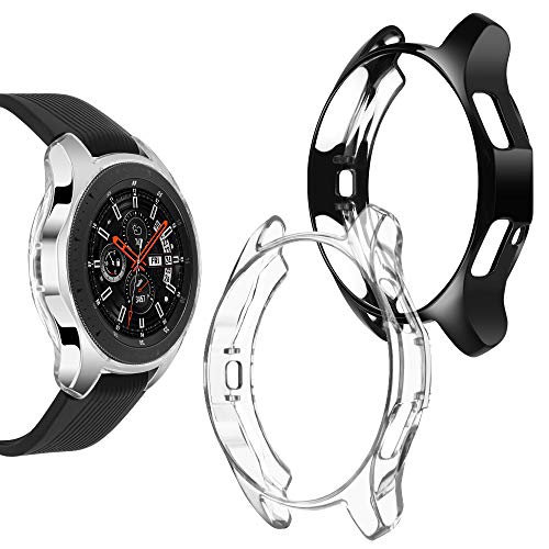 Goton Compatible Samsung Galaxy Watch 46mm Case 2018 (for SM-R805 / SM-R800 /Gear S3 Frontier SM-R760), [ 2 Color Packs ] Soft TPU Smart Shockproof Case Cover Bumper Protector (Black + Clear, 46mm)